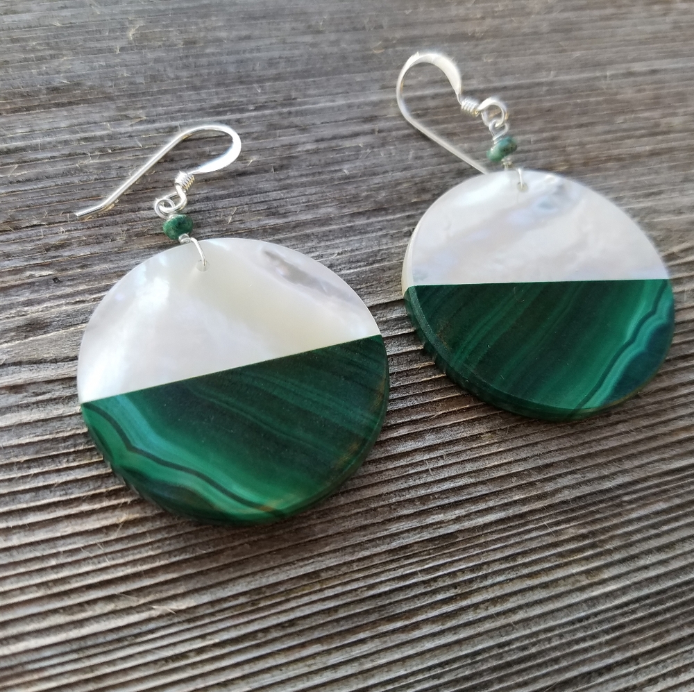 White shell & malachite intarsia large circle earrings.